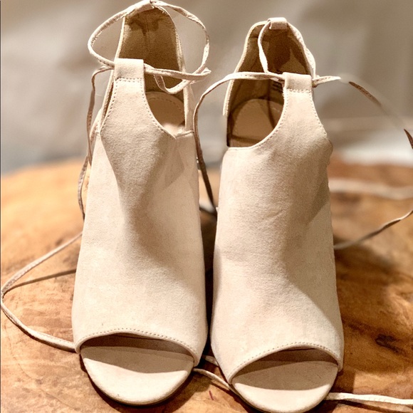 Women's White Suede Open Toe Lace up Booties - Picture 4 of 4